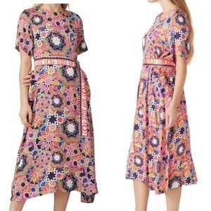Emily‎ Lovelock midi dress signed Goemetric Midi Belted Mosaic Print Size 4